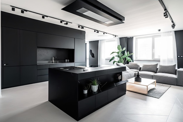 Minimalist home with black white and metallic accents