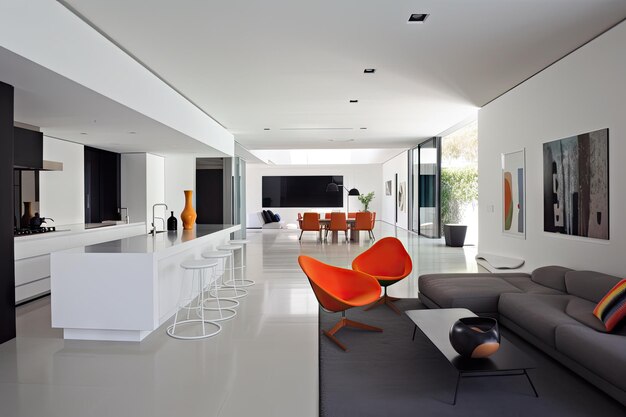 Minimalist home with sleek and modern furniture clean lines and accents of color