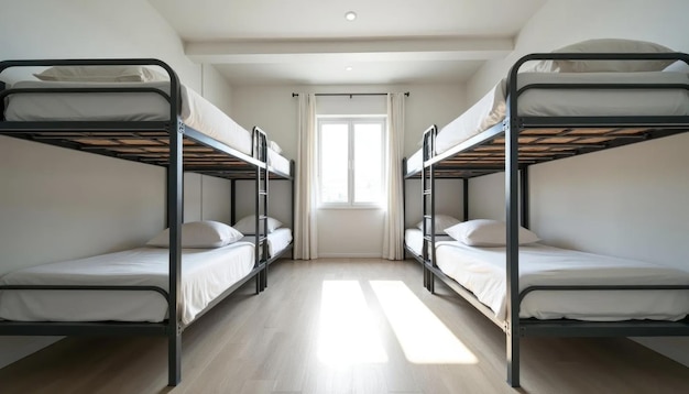 Minimalist Hostel Room Featuring Metal Bunk Beds and Fresh Linens in a Spacious Layout