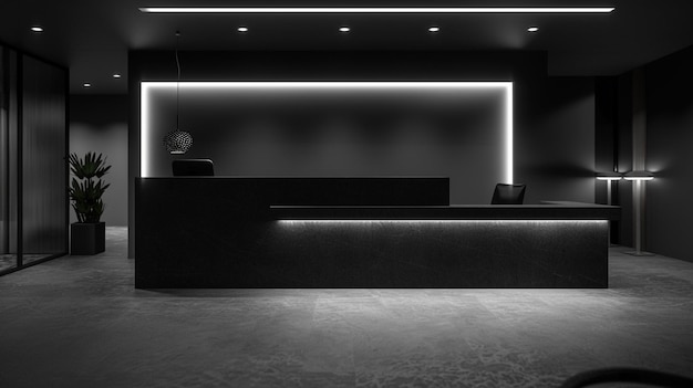 Photo minimalist hotel reception desk featuring artistic lighting