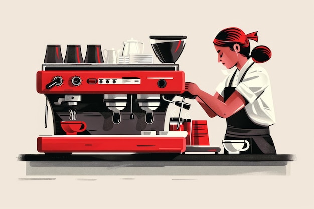 Minimalist Illustration of a Barista Preparing Espresso in a Modern Cafe