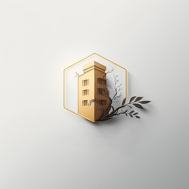 Minimalist illustration of building with branches on light background