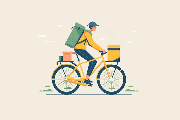 Minimalist illustration of a courier delivering packages on a bicycle promoting ecofriendly transport