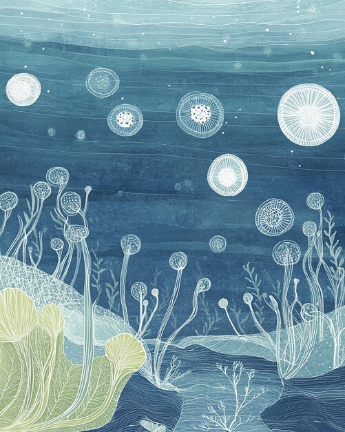 Photo minimalist illustration of early cambrian bacteria in a primordial ocean