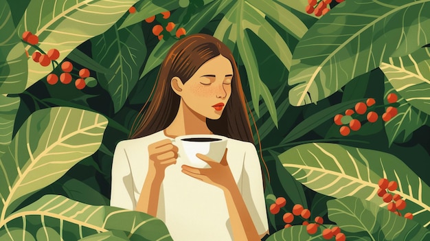 A minimalist illustration of a woman holding a cup of hot coffee on a coffee farm