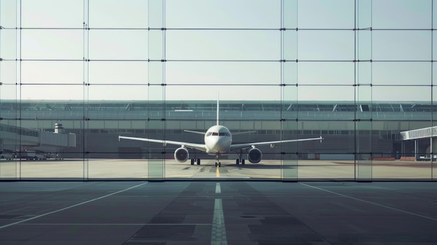 Photo a minimalist image of an airplane parked at an airport gate with no people symbolizing