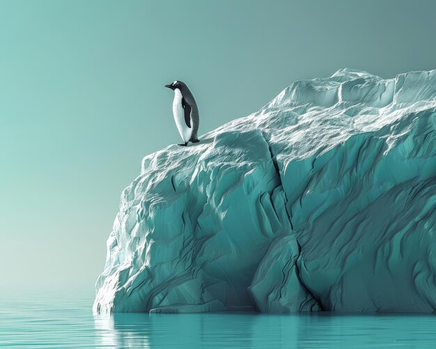 Photo a minimalist image of a lone penguin figure on a large block of ice