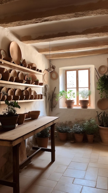 minimalist image of a Mediterranean house warm colors and details Mediterranean plants Generative