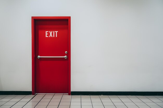 Minimalist image of red door labeled EXIT white wall tiled floor