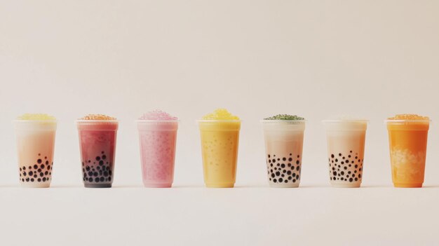 Photo a minimalist image of a row of bubble tea cups in different flavors and colors neatly arranged against a plain white background highlighting variety