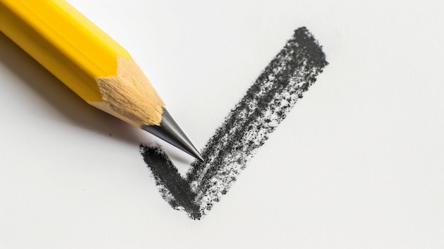 Minimalist Image of a Sharp Yellow Pencil Drawing a Black Check Mark on Clean White Background