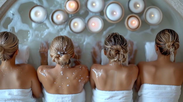 Minimalist Indoor Lifestyle Photography Four Young Women Enjoying Professional Relaxation Services