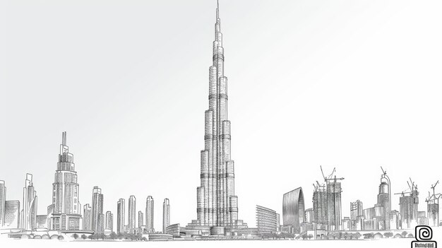 Photo minimalist ink sketch of iconic burj khalifa tower in dubai cityscape