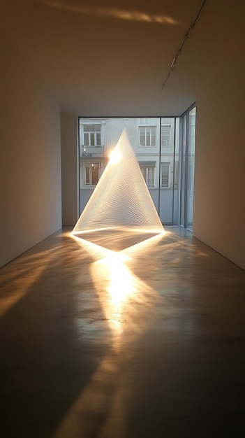 A minimalist installation art featuring a single light source casting geometric shapes on