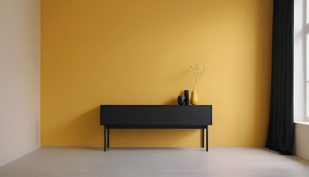 Minimalist interior background with black cabinet and yellow wall