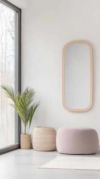 Photo minimalist interior design composition in neutral colors with a mirror next to a large window a rug and a sofa