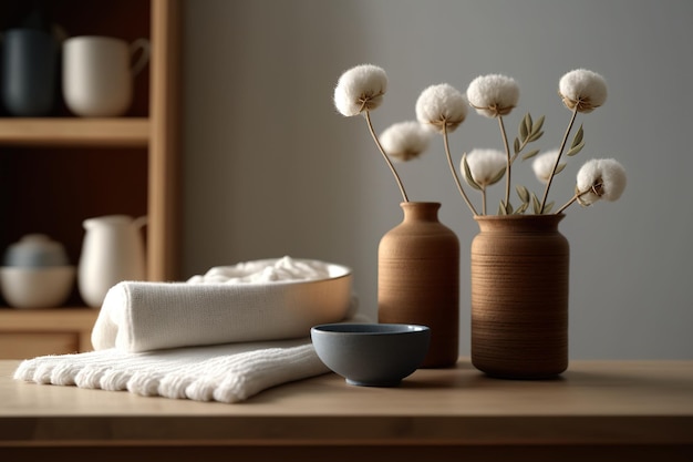 A minimalist interior design concept with a wooden table desk or shelf in closeup and cotton flowerfilled ceramic vases over a Japanese kitchen