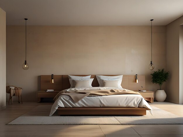 Minimalist interior design of modern bedroom with beige stucco wall