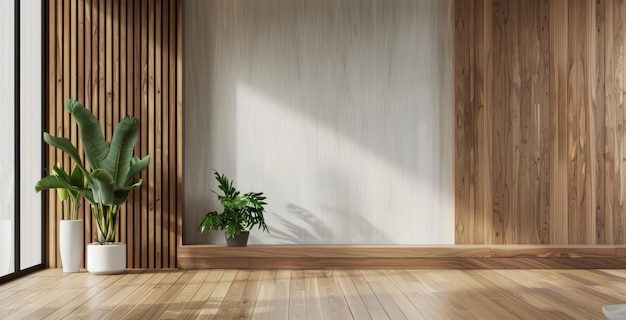 Minimalist interior design of a modern living room with a floating wooden cabinet and white walls