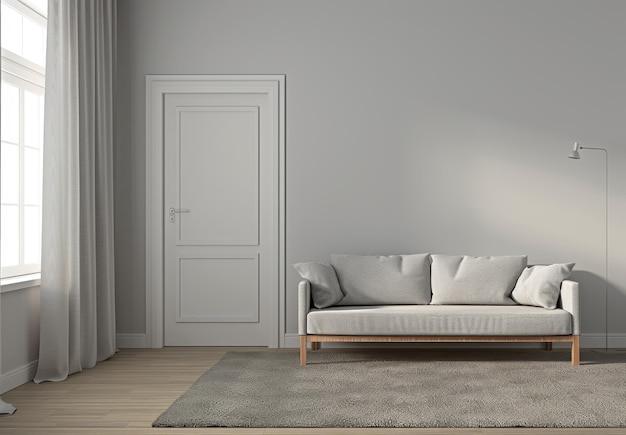 minimalist interior design of a modern living room with a sofa and white door carpet on the floor