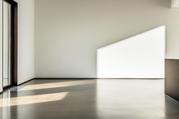 Minimalist interior design showcasing natural light in an empty room during the day with simple lines and shadows