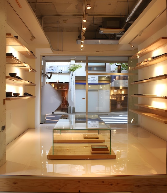 Photo minimalist interior design of a store with wooden shelves and a glass display case