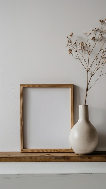 Photo minimalist interior design with frame dried flowers and vase