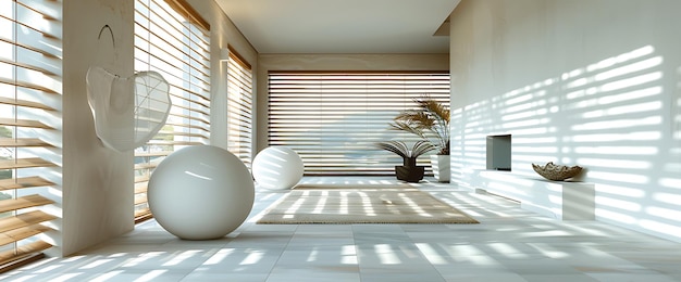 Minimalist interior design with white spheres wooden blinds and natural light casting shadows on the floor