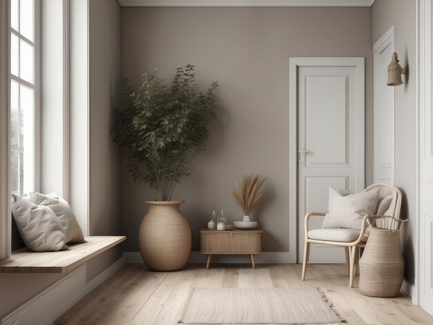 Photo minimalist interior design with a window seat a plant and a chair