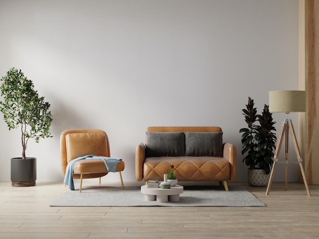 Minimalist interior living room have leather sofa and leather armchair on white wall