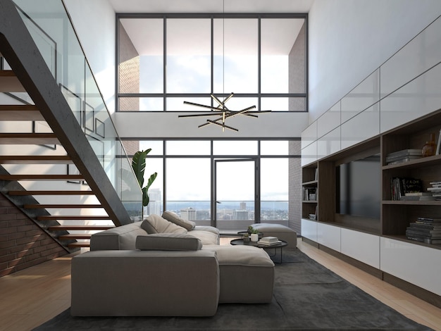 Minimalist Interior of modern living room 3D rendering