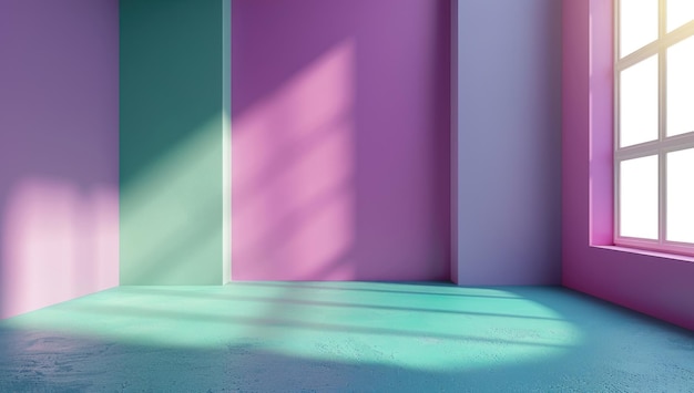 A minimalist interior scene with a light green wall and purple floor