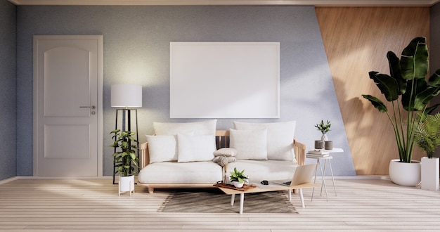 Minimalist interior ,Sofa furniture and plants, modern blue sky room design.3D rendering