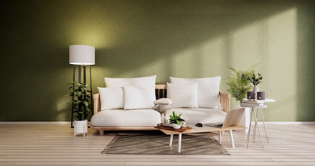 Minimalist interior ,Sofa furniture and plants, Modern green room design.3D rendering