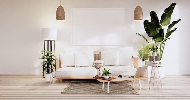 Minimalist interior ,Sofa furniture and plants, modern room design.3D rendering