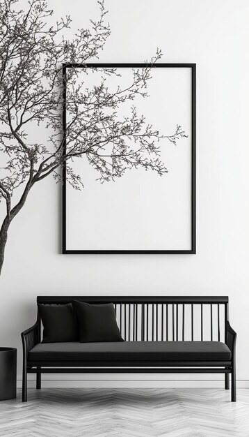 Photo minimalist interior with black bench black mockup frame and decorative olive tree 3d rendering