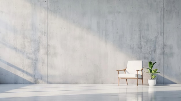 Minimalist Interior with Modern Armchair and Potted Plant Against Concrete Wall in Sunlit Room