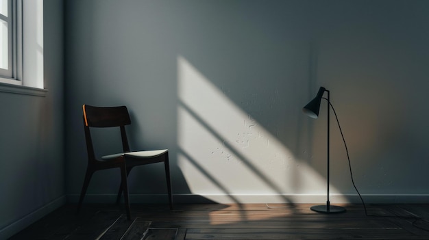 Minimalist interior with a solitary chair and lamp casting shadows on the wall