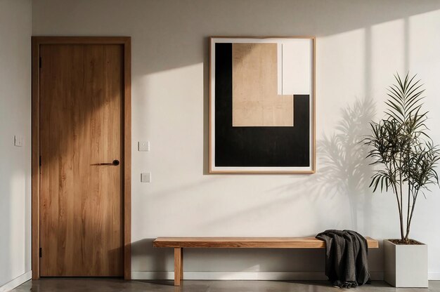 Photo a minimalist interior with a wooden bench a framed abstract artwork and a wooden door frame with n