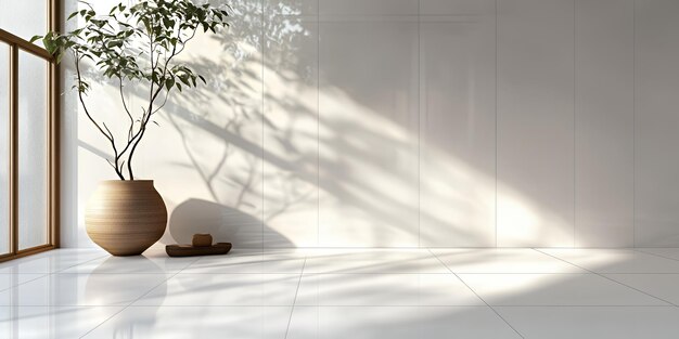 Photo minimalist interior with a wooden plant pot in a white room with a window and sunlight