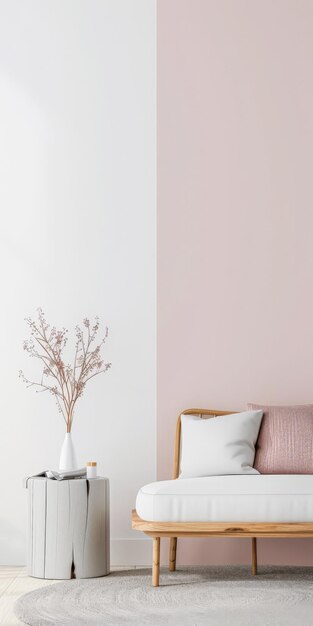 Photo minimalist interiors decor composition in soft pink tones with ample copy space and minimal furniture interiors design concept image for luxury property advertising