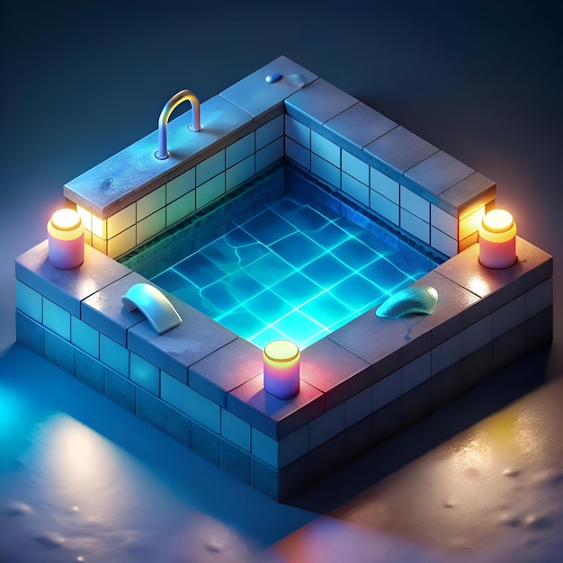 Photo a minimalist isometric rendering of a small pool with glowing blue water surrounded by tiled walls and warm candlelight