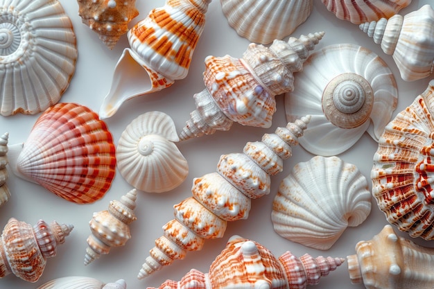 Minimalist isometric seashells scattered randomly across the background