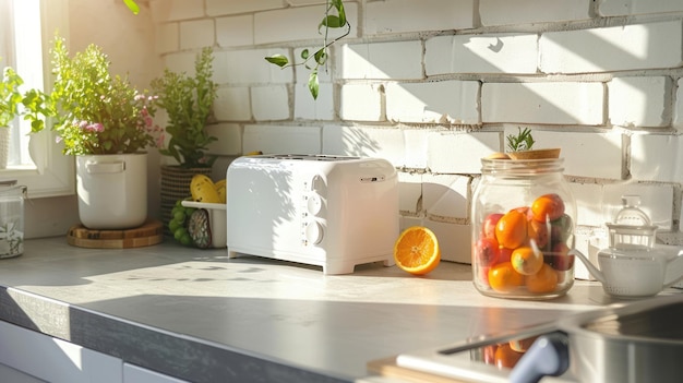 Minimalist Kitchen Counter with a White Toaster and a Glass Jar of Fruit