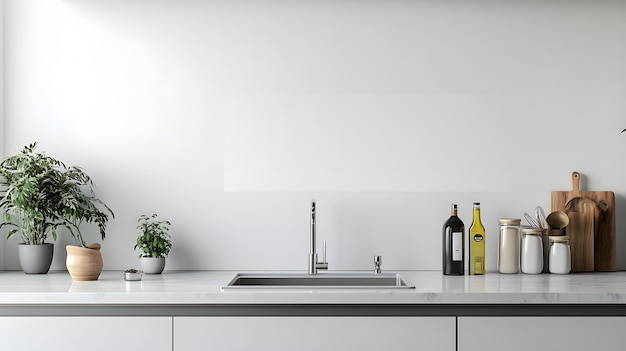 Photo minimalist kitchen countertop with sink and accessories