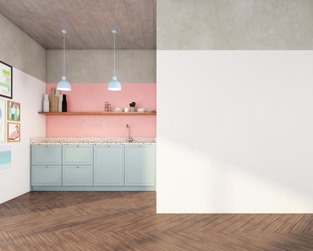 Minimalist kitchen room with blue pastel cabinets and pink pastel wall empty white wall 3d rendering