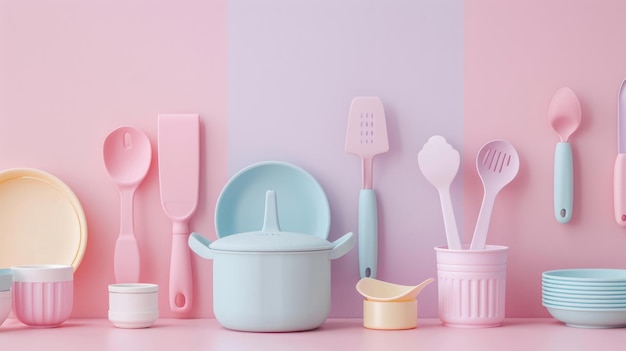 Photo a minimalist kitchen setting featuring pastel kitchen utensils and cookware