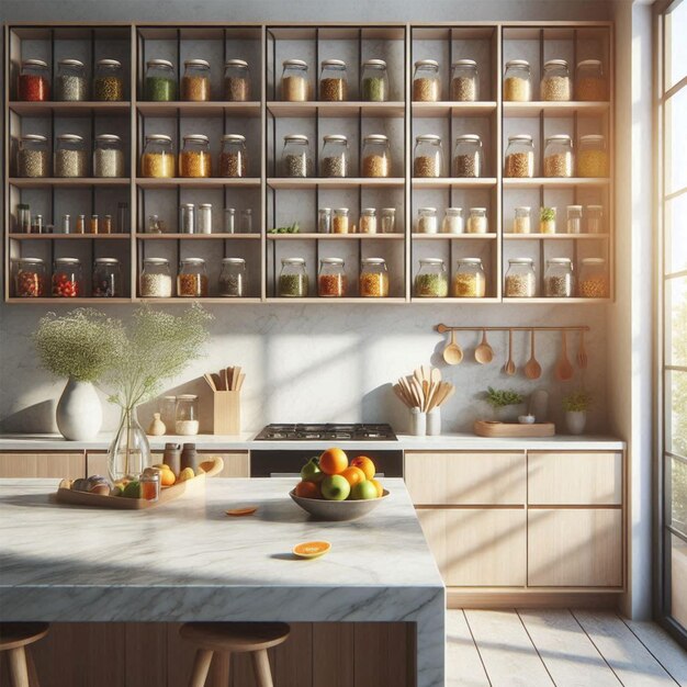 Photo a minimalist kitchen with open shelving