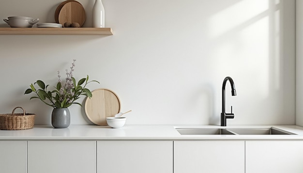 Photo minimalist kitchen with a white countertop and a black faucet