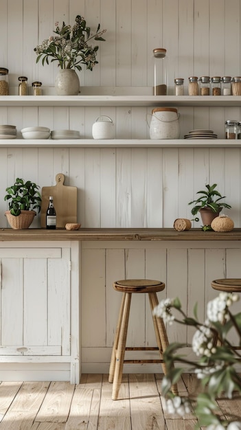 Photo minimalist kitchen with wooden countertop and white cabinets featuring a wooden stool plants